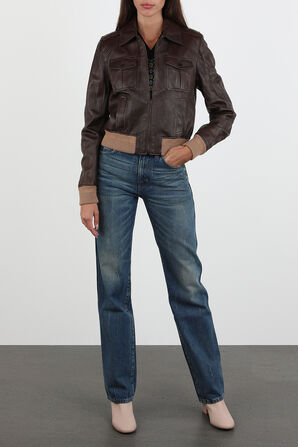 ז'קט עור מרוכסן בגוון חום SAINT LAURENT